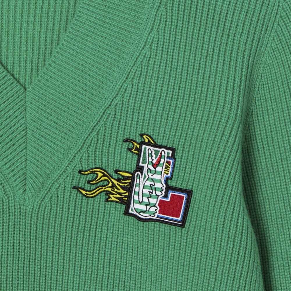 Lacoste Comic Badge V-Neck Lana Verde | 2948-RFCAE