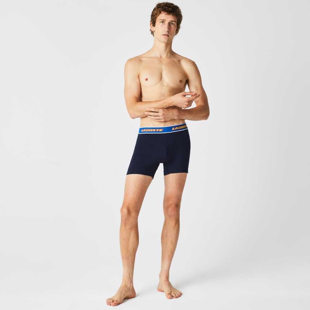 Lacoste Contrast Cintura Boxer Brief 3-Pack Azul Marino Azules Rojas Blancas Azules | 7513-FMGWQ