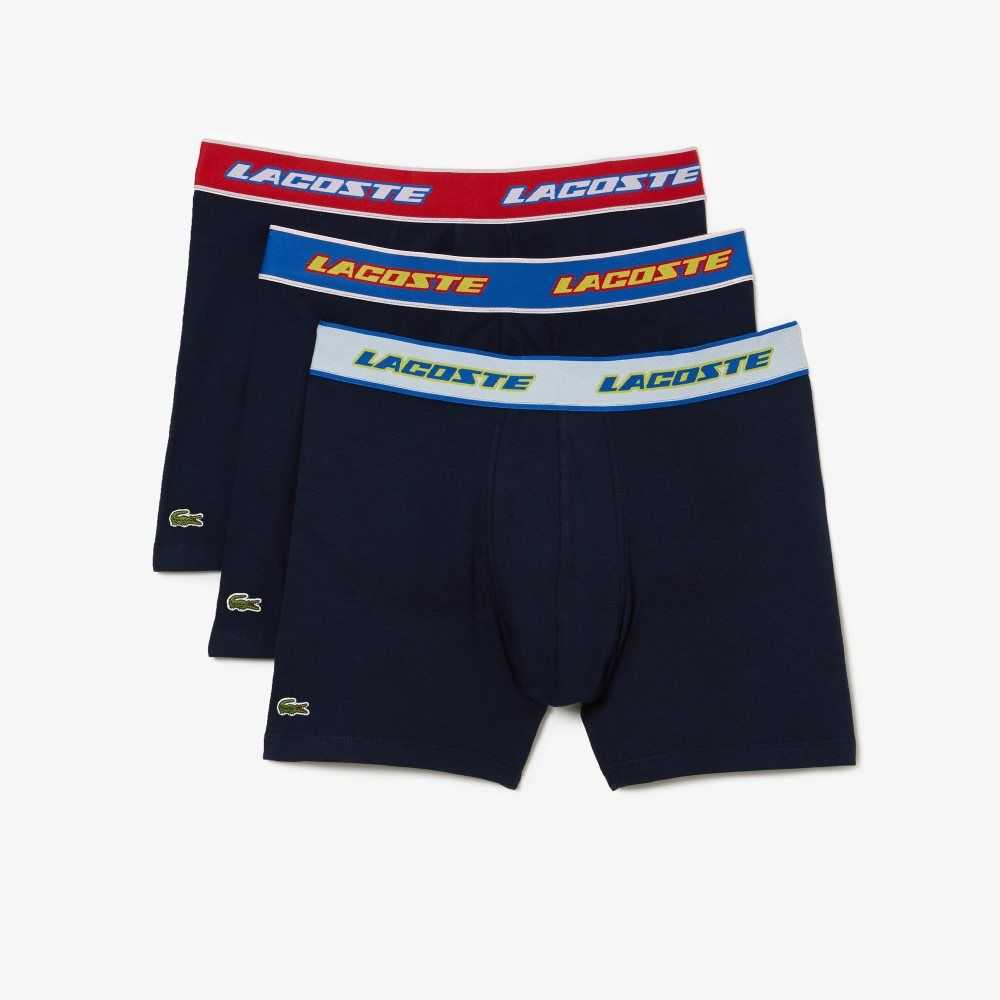 Lacoste Contrast Cintura Boxer Brief 3-Pack Azul Marino Azules Rojas Blancas Azules | 7513-FMGWQ