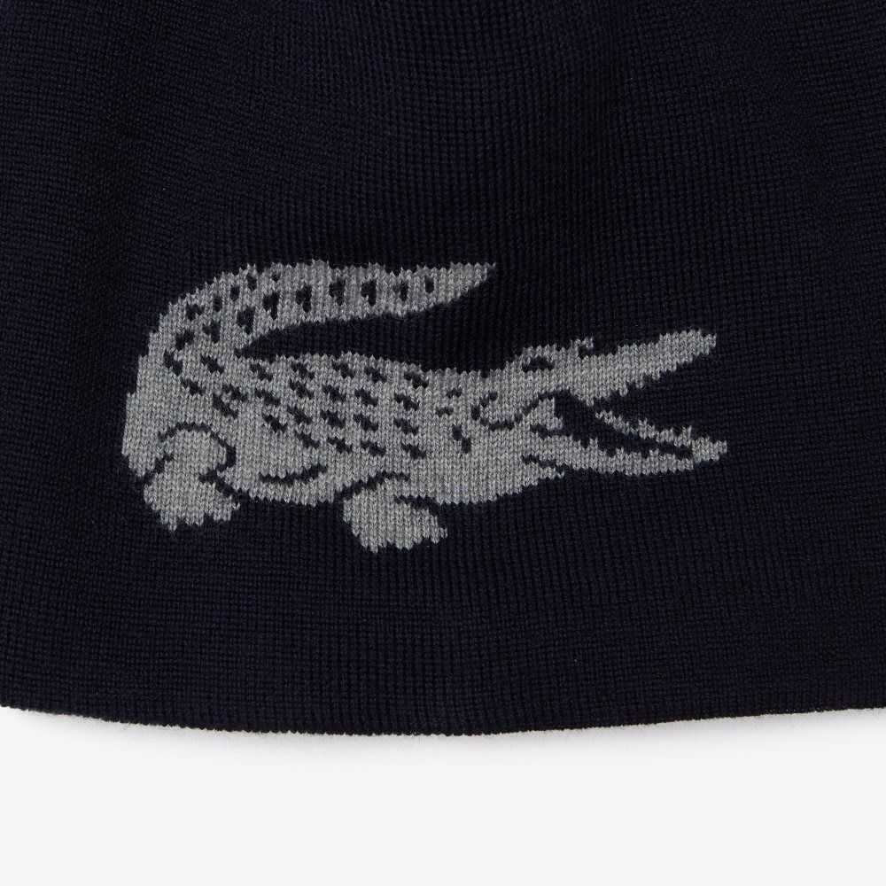 Lacoste Contrast Crocodile Reversible Beanie Azul Marino Azules Gris | 6431-AQDEK