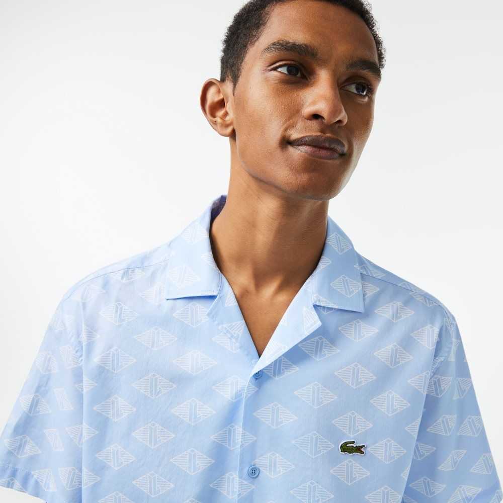 Lacoste Corta Sleeve Monogram Print Azules Blancas | 4875-GQYKU