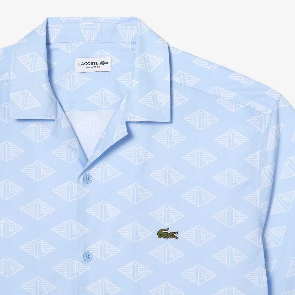 Lacoste Corta Sleeve Monogram Print Azules Blancas | 4875-GQYKU