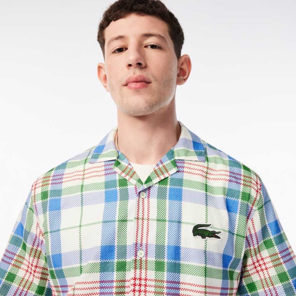 Lacoste Corta Sleeve Organic Algodon Check Blancas | 9261-CAROM