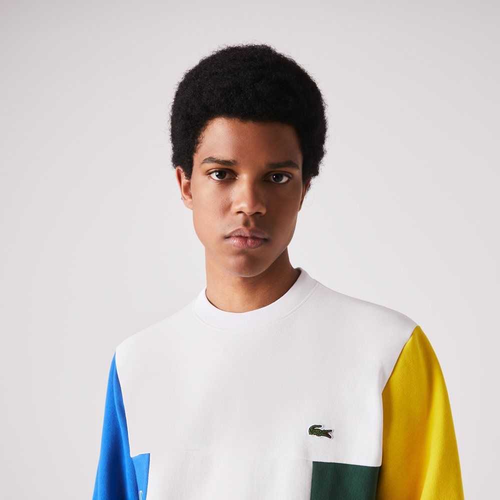 Lacoste Crew Neck Colorblock Algodon Fleece Blancas Azules Amarillo Verde | 0697-KSEXZ