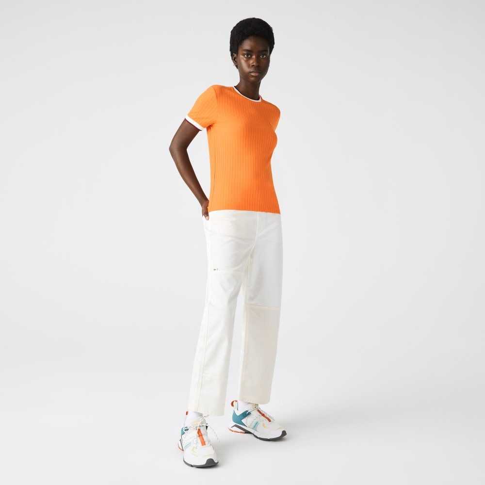 Lacoste Crew Neck Fantasy Knit T-Shirt Naranjas | 8742-RBNEQ