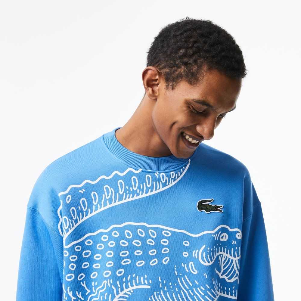 Lacoste Crew Neck Loose Fit Croc Print Azules | 4180-NWAFH