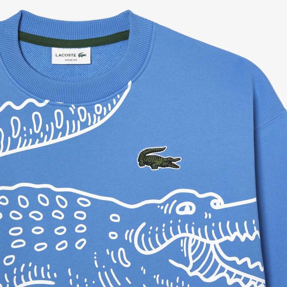 Lacoste Crew Neck Loose Fit Croc Print Azules | 4180-NWAFH