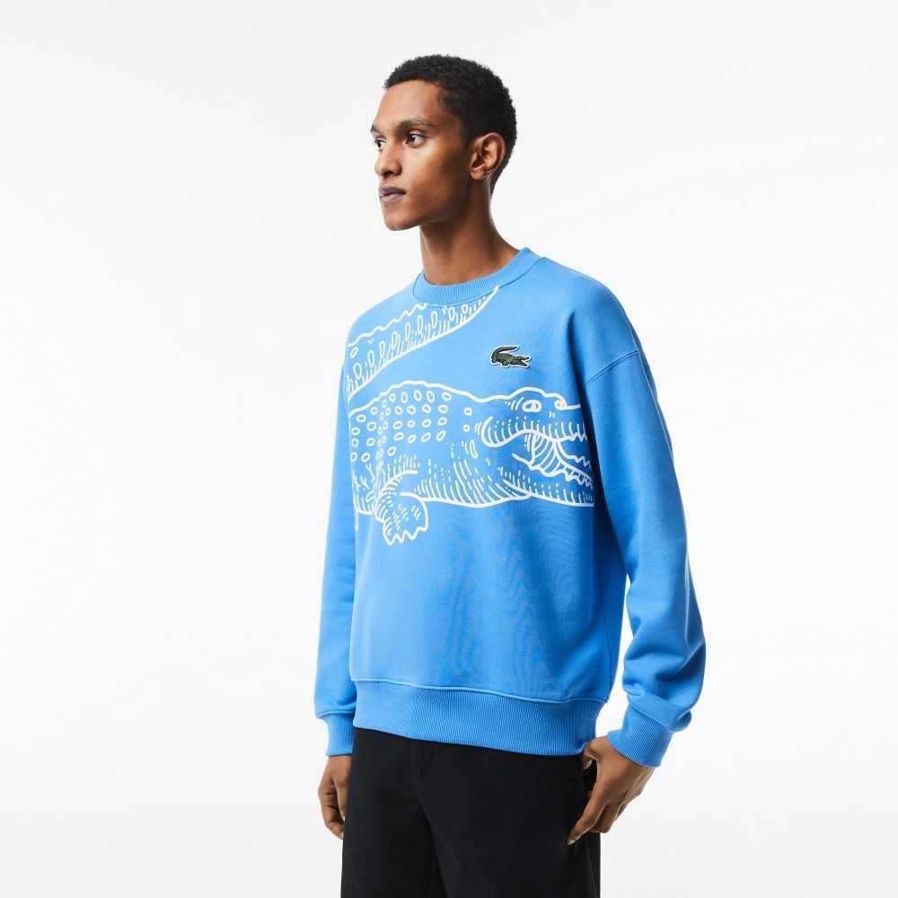 Lacoste Crew Neck Loose Fit Croc Print Azules | 4180-NWAFH