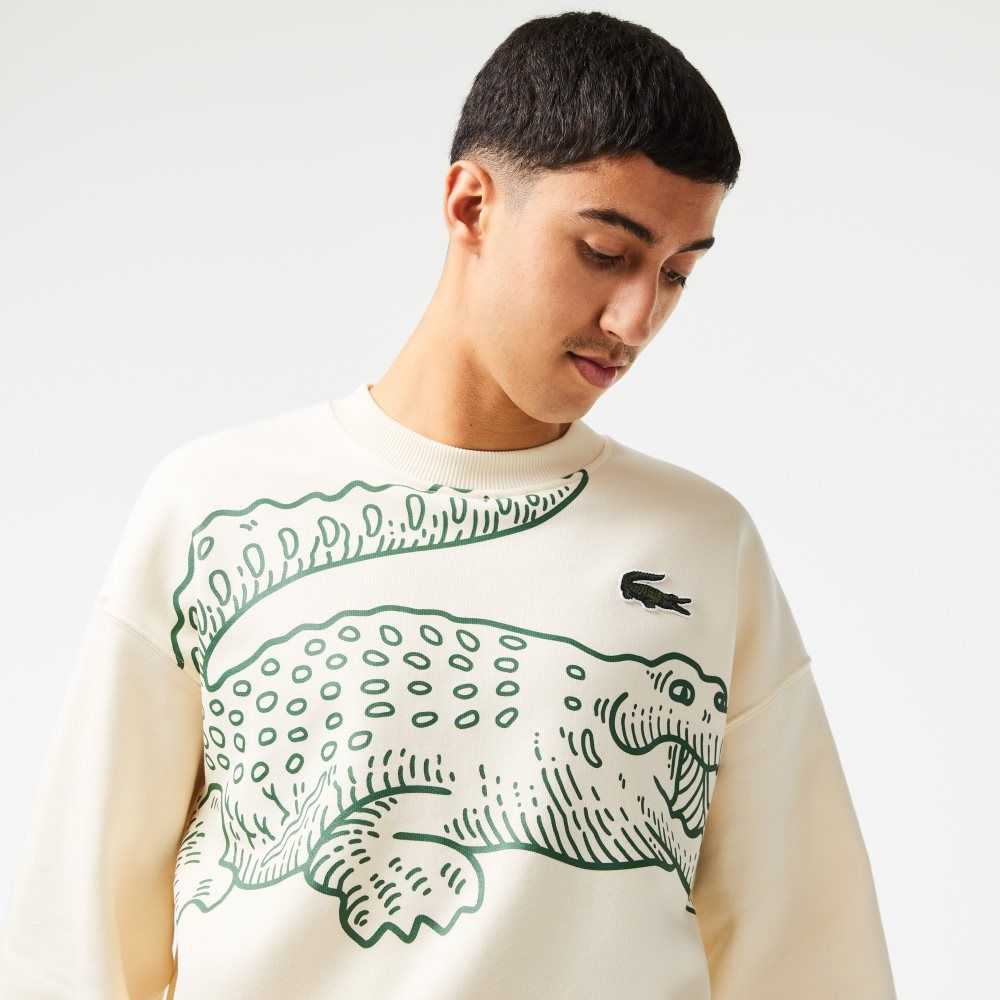 Lacoste Crew Neck Loose Fit Croc Print Blancas | 9372-ZHEWN