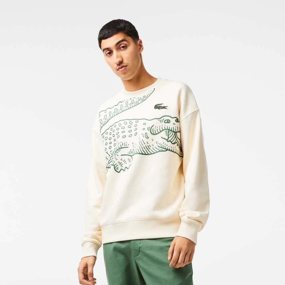 Lacoste Crew Neck Loose Fit Croc Print Blancas | 9372-ZHEWN