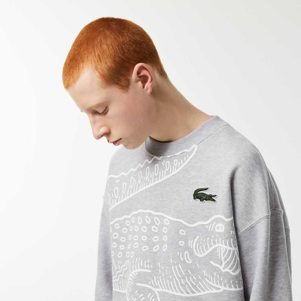 Lacoste Crew Neck Loose Fit Croc Print Gris | 5643-HPXWT