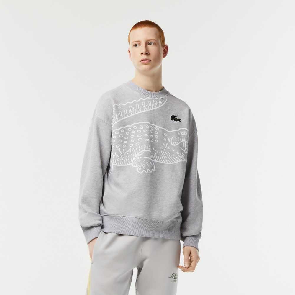 Lacoste Crew Neck Loose Fit Croc Print Gris | 5643-HPXWT