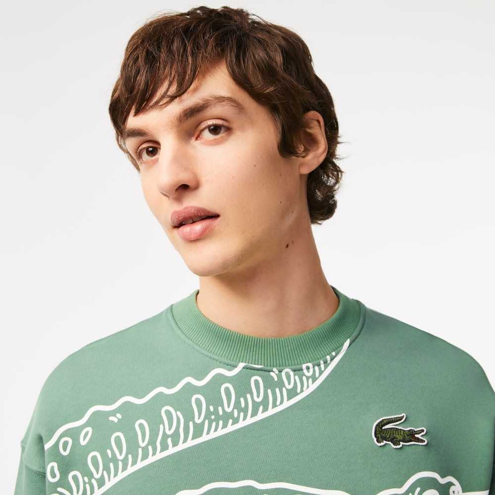 Lacoste Crew Neck Loose Fit Croc Print Kaki Verde | 0784-TCDGA