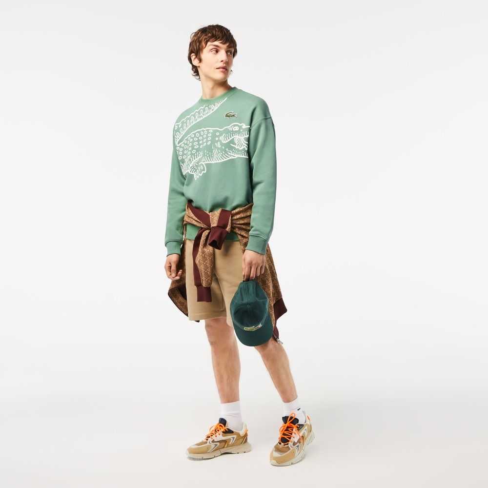 Lacoste Crew Neck Loose Fit Croc Print Kaki Verde | 0784-TCDGA