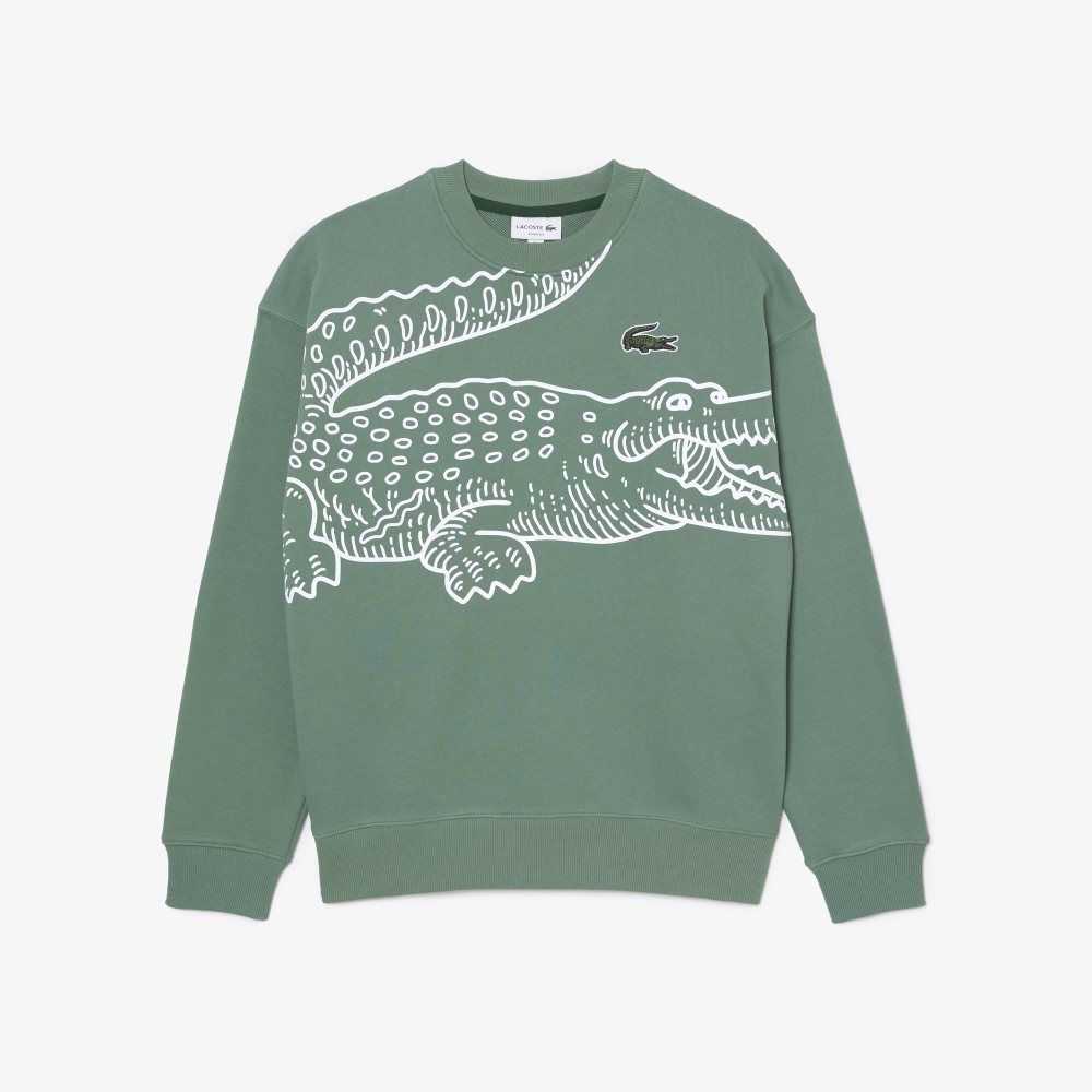 Lacoste Crew Neck Loose Fit Croc Print Kaki Verde | 0784-TCDGA