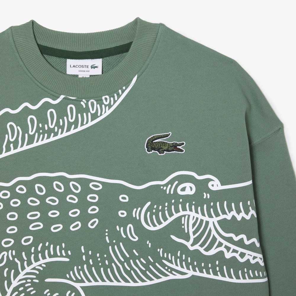 Lacoste Crew Neck Loose Fit Croc Print Kaki Verde | 0784-TCDGA