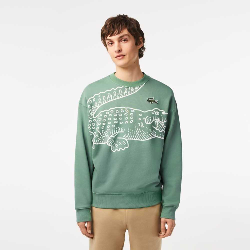 Lacoste Crew Neck Loose Fit Croc Print Kaki Verde | 0784-TCDGA