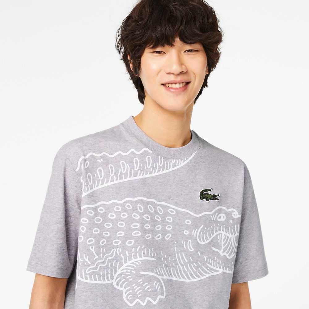 Lacoste Crew Neck Loose Fit Crocodile Print Gris | 0526-YBNIQ