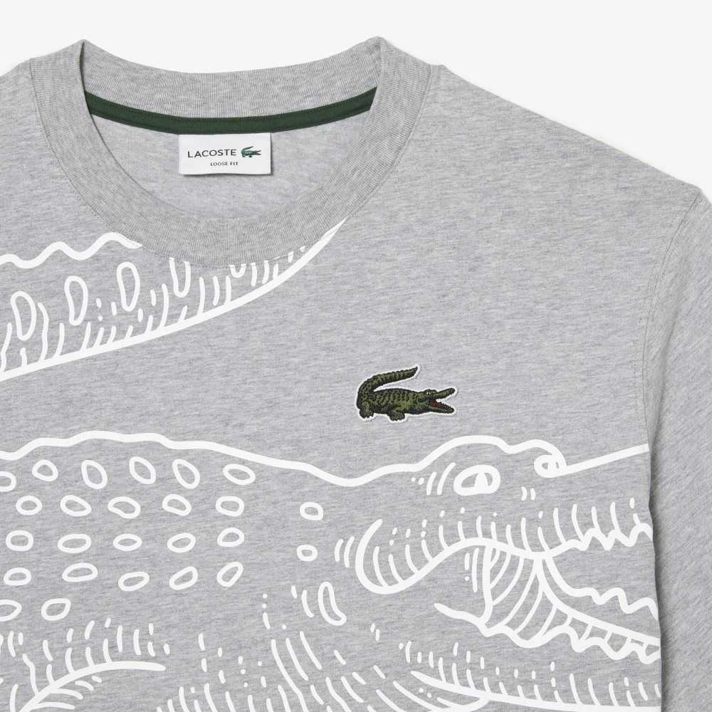 Lacoste Crew Neck Loose Fit Crocodile Print Gris | 0526-YBNIQ