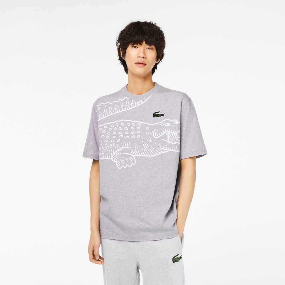 Lacoste Crew Neck Loose Fit Crocodile Print Gris | 0526-YBNIQ