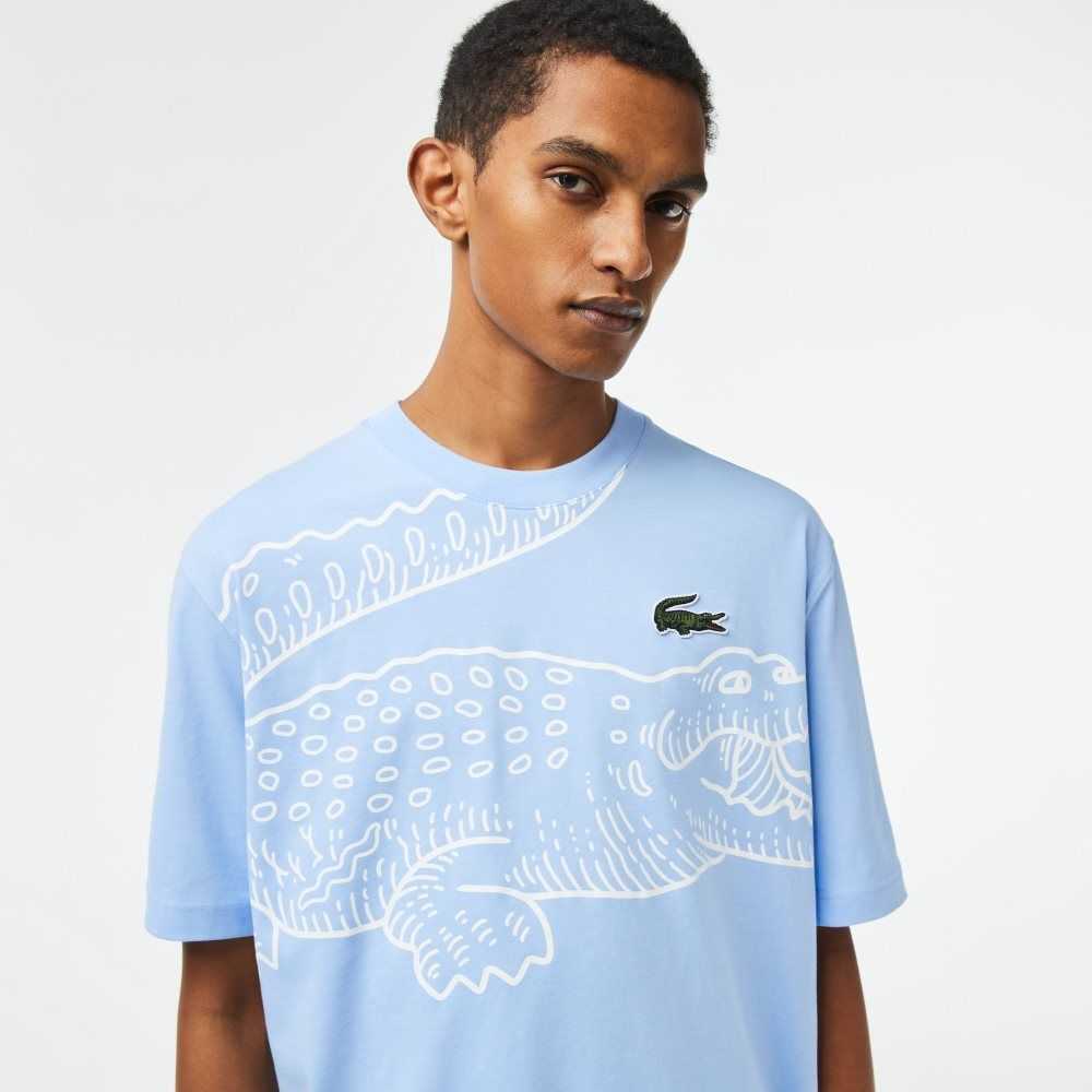 Lacoste Crew Neck Loose Fit Crocodile Print Azules | 3412-YPNTZ