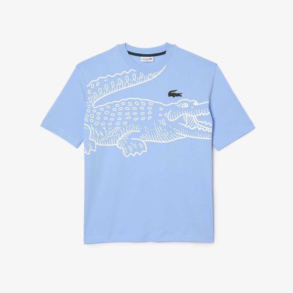 Lacoste Crew Neck Loose Fit Crocodile Print Azules | 3412-YPNTZ