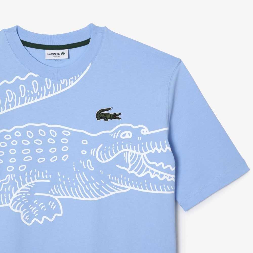 Lacoste Crew Neck Loose Fit Crocodile Print Azules | 3412-YPNTZ