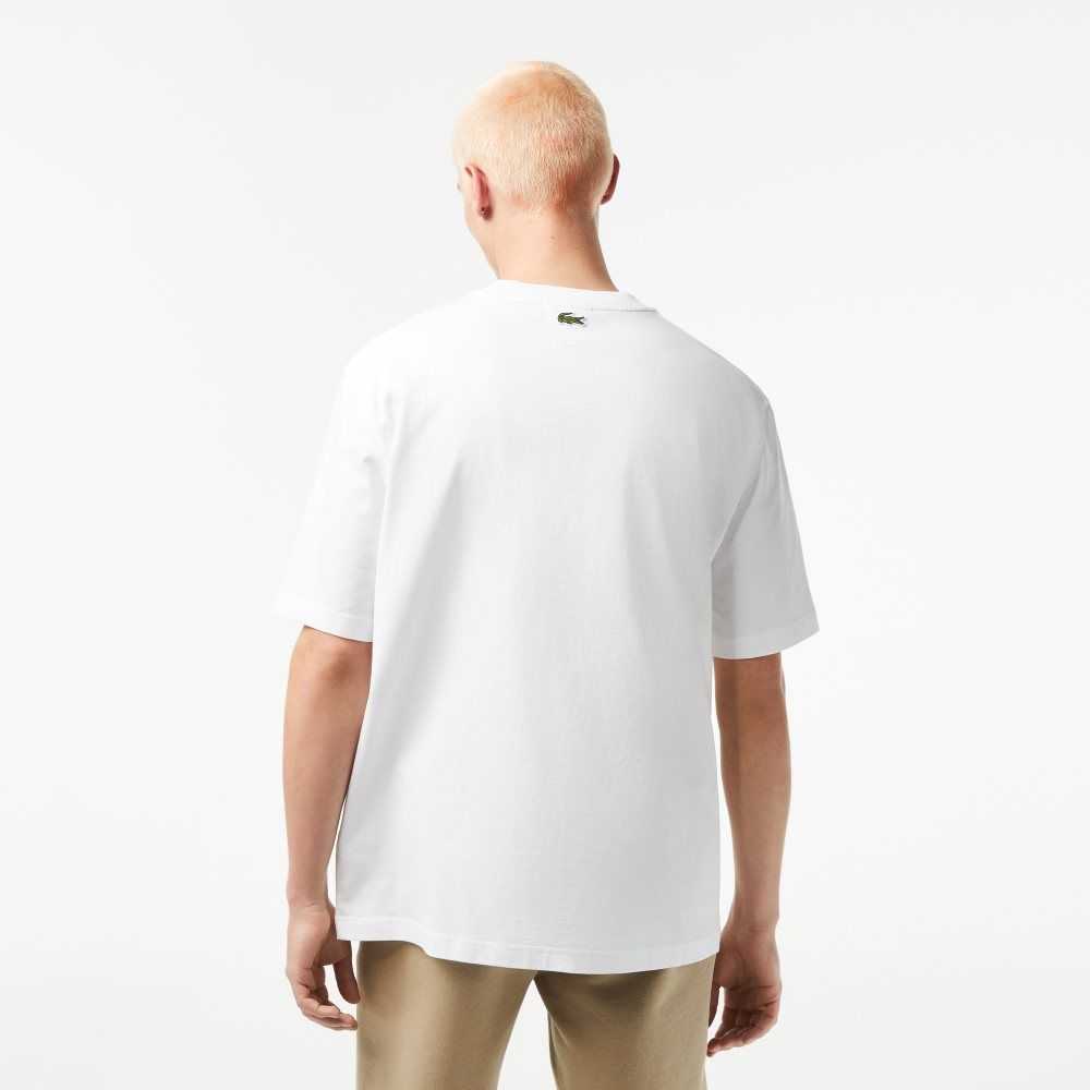 Lacoste Crew Neck Loose Fit Crocodile Print Blancas | 6758-RMZPB