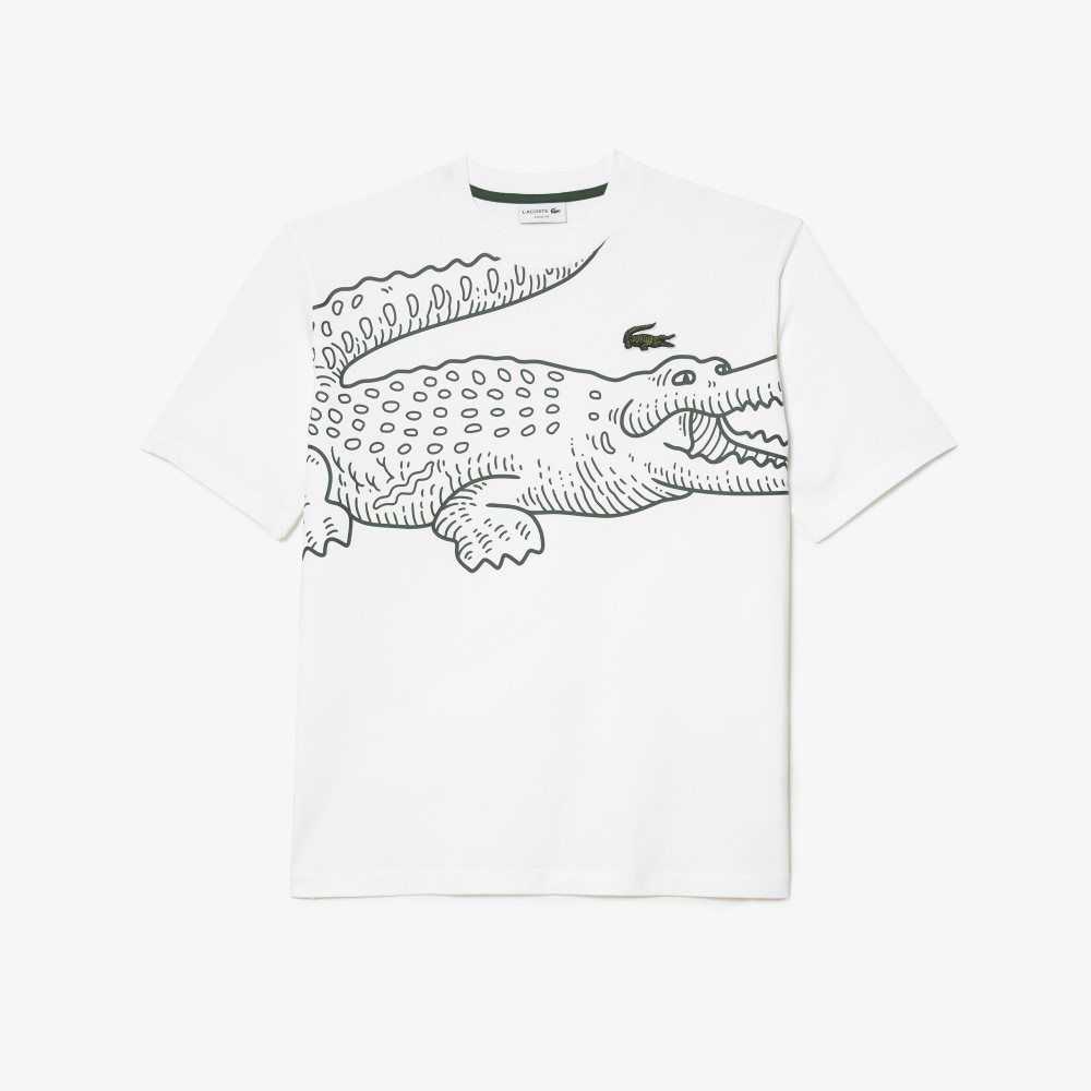 Lacoste Crew Neck Loose Fit Crocodile Print Blancas | 6758-RMZPB