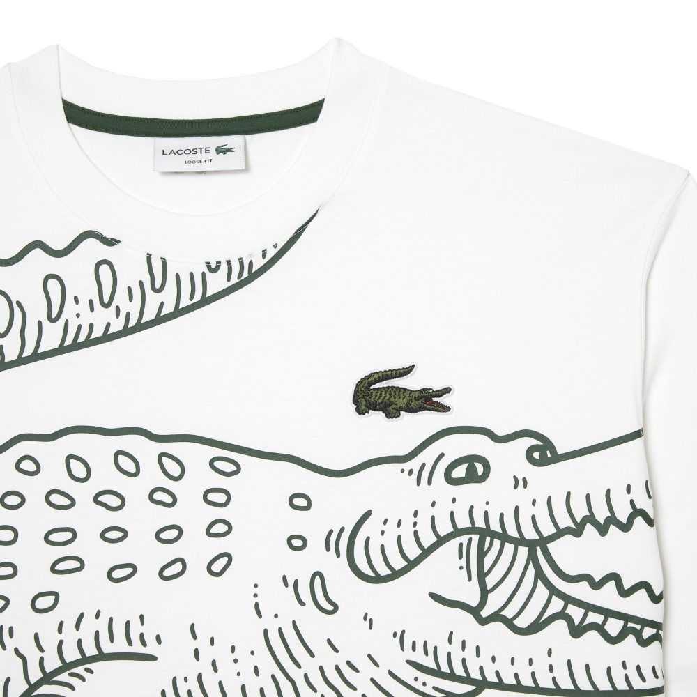 Lacoste Crew Neck Loose Fit Crocodile Print Blancas | 6758-RMZPB