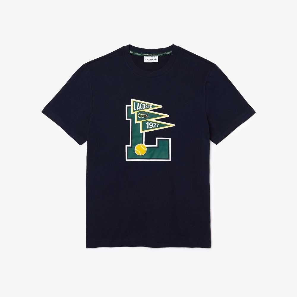 Lacoste Crew Neck Pennants L Badge Algodon Azul Marino Azules | 2095-HSXCN