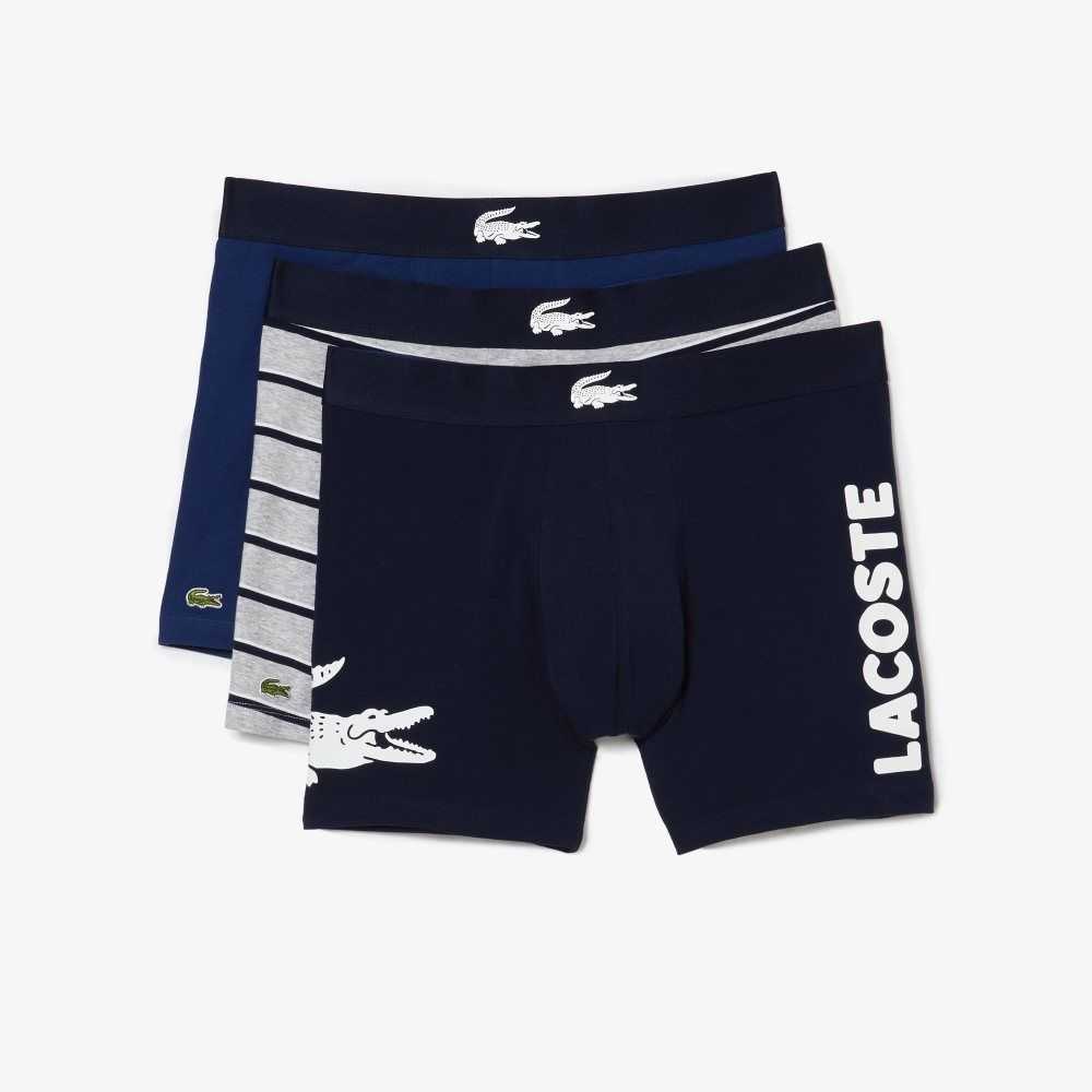 Lacoste Crocodile Cintura Long Stretch Algodon Boxer Brief 3-Pack Azul Marino Azules Blancas Gris Azul Marino Azules | 0468-ISJTL