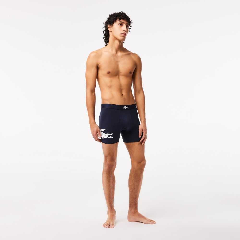 Lacoste Crocodile Cintura Long Stretch Algodon Boxer Brief 3-Pack Azul Marino Azules Blancas Gris Azul Marino Azules | 0468-ISJTL