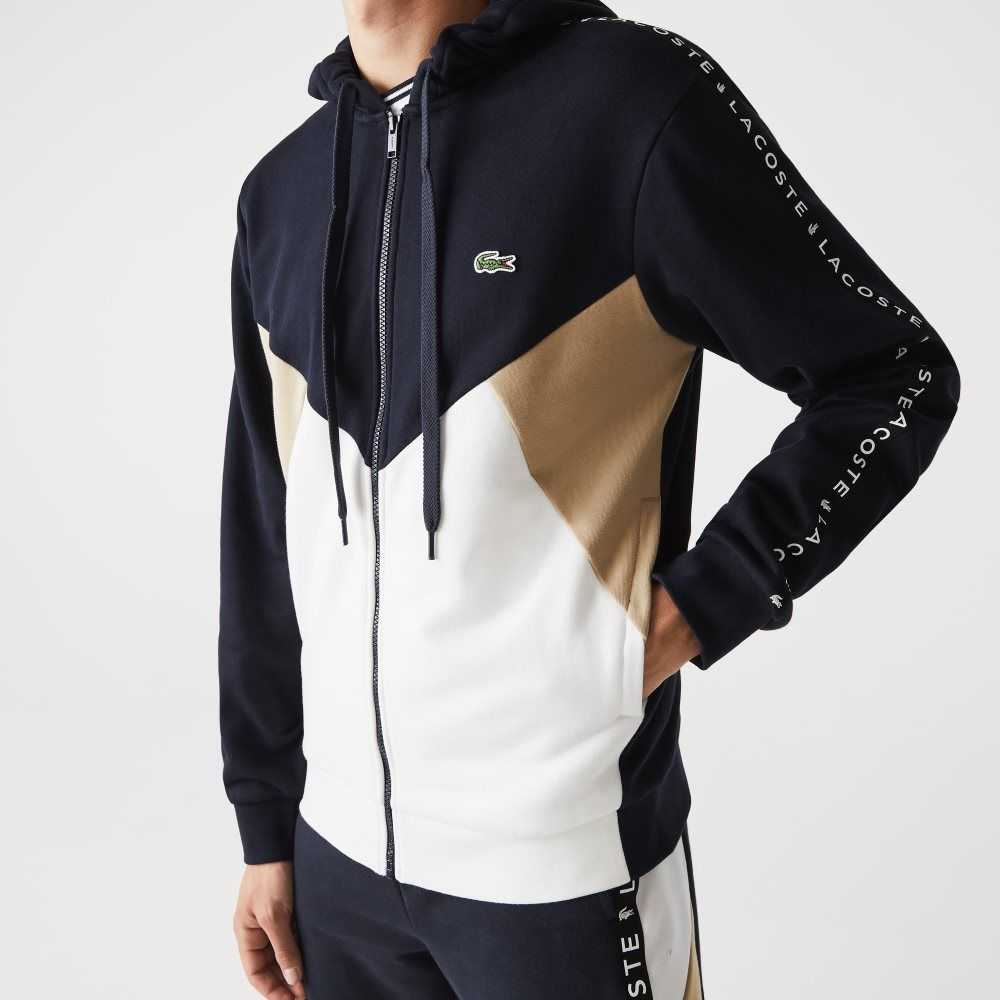 Lacoste Encapuchado Colorblock Lettered Fleece Zip Azul Marino Azules Blancas Beige | 4572-IQTCN