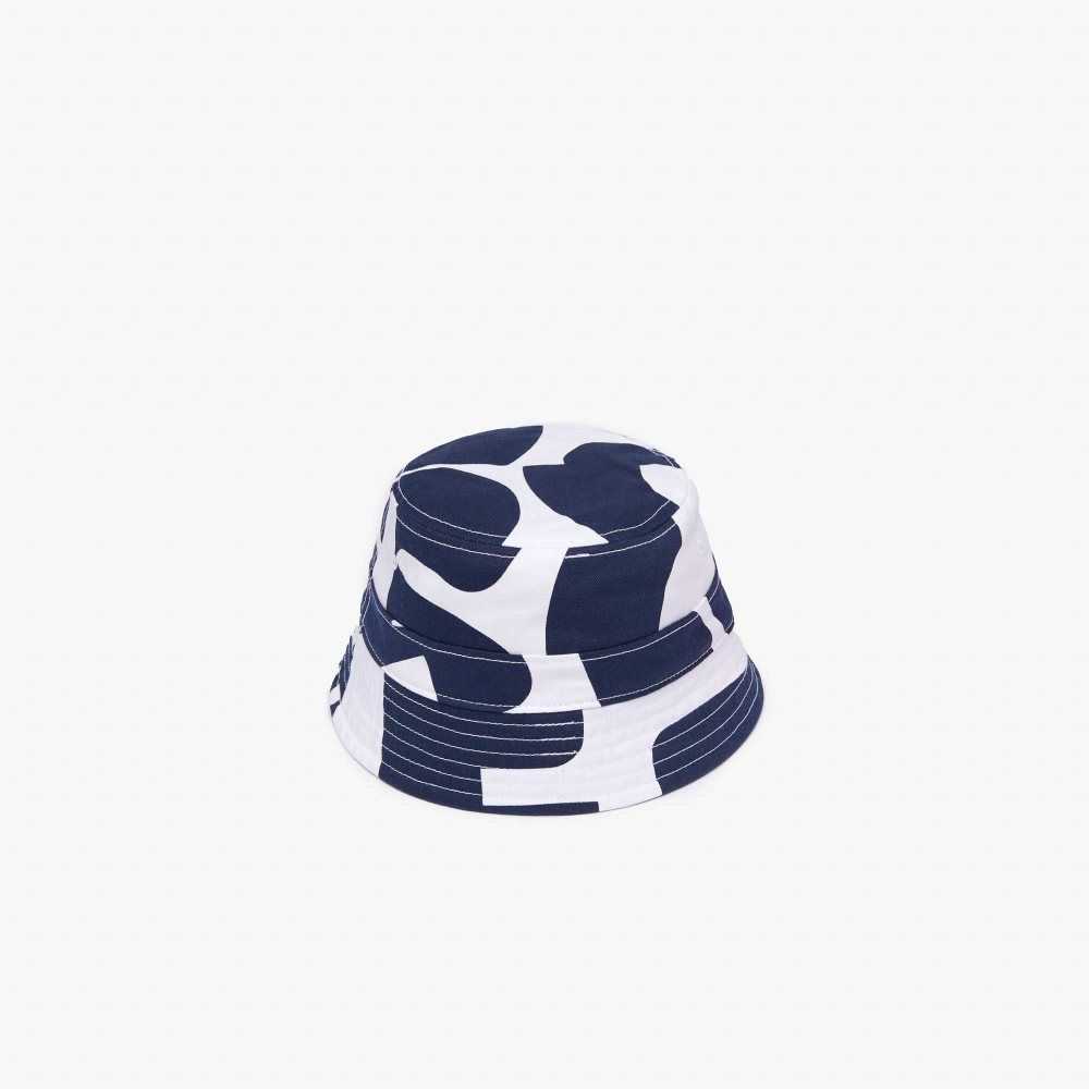 Lacoste Heritage Reversible Print Or Solid Algodon Bucket Azul Marino Azules Blancas | 9436-KYMHJ