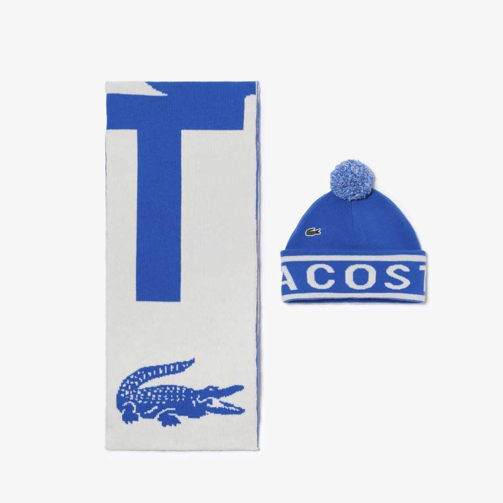 Lacoste Jacquard Knit Beanie And Scarf Gift Set Azules Blancas | 2356-TLSYB