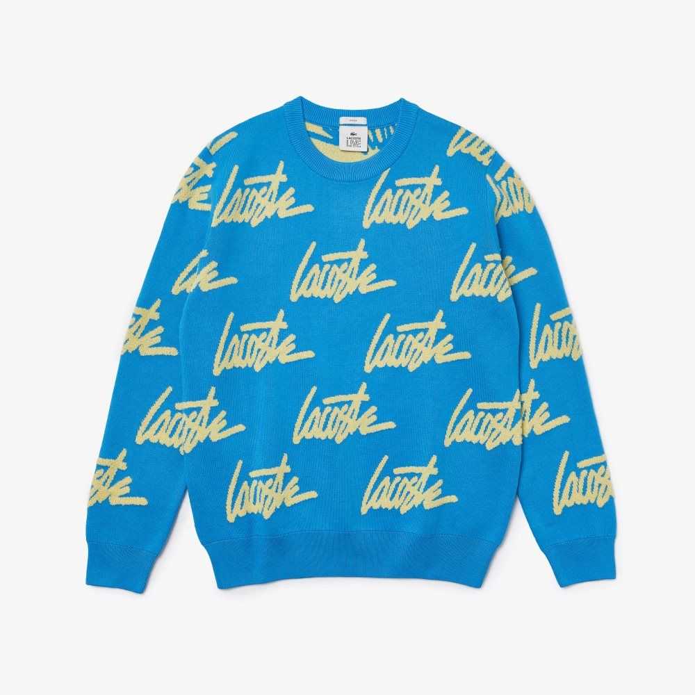 Lacoste LIVE Lettering Crew Neck Algodon Blend Azules Amarillo | 5241-HUADO