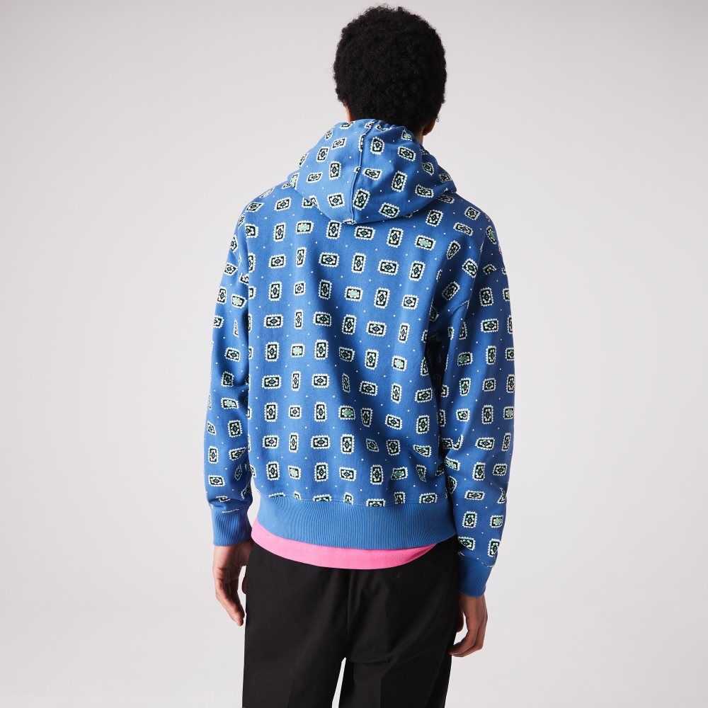 Lacoste LIVE Loose Fit Print Algodon Hoodie Azules Blancas | 4758-LOFWH