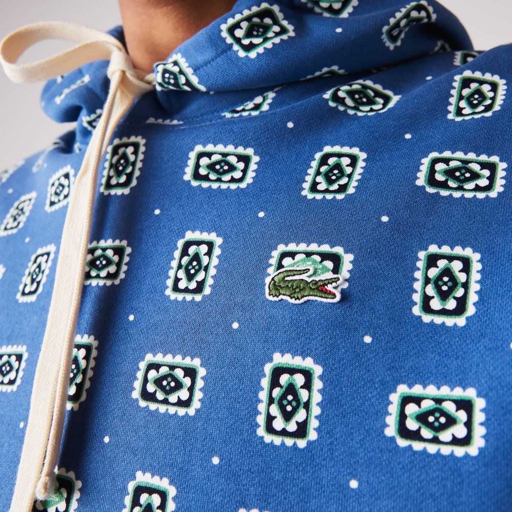 Lacoste LIVE Loose Fit Print Algodon Hoodie Azules Blancas | 4758-LOFWH