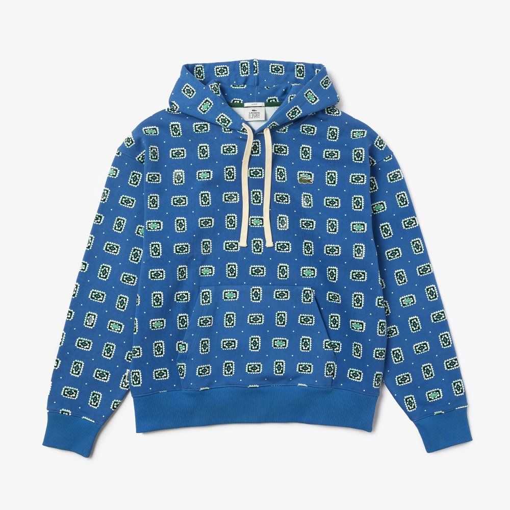 Lacoste LIVE Loose Fit Print Algodon Hoodie Azules Blancas | 4758-LOFWH