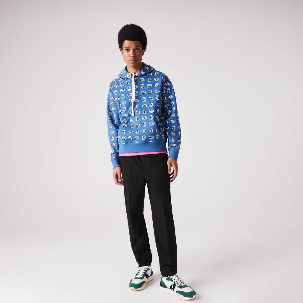 Lacoste LIVE Loose Fit Print Algodon Hoodie Azules Blancas | 4758-LOFWH