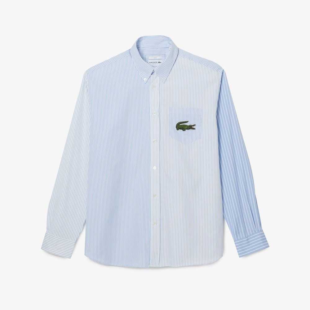 Lacoste Large Crocodile A Rayas Algodon Shirt Blancas Azules | 0453-CPOBX