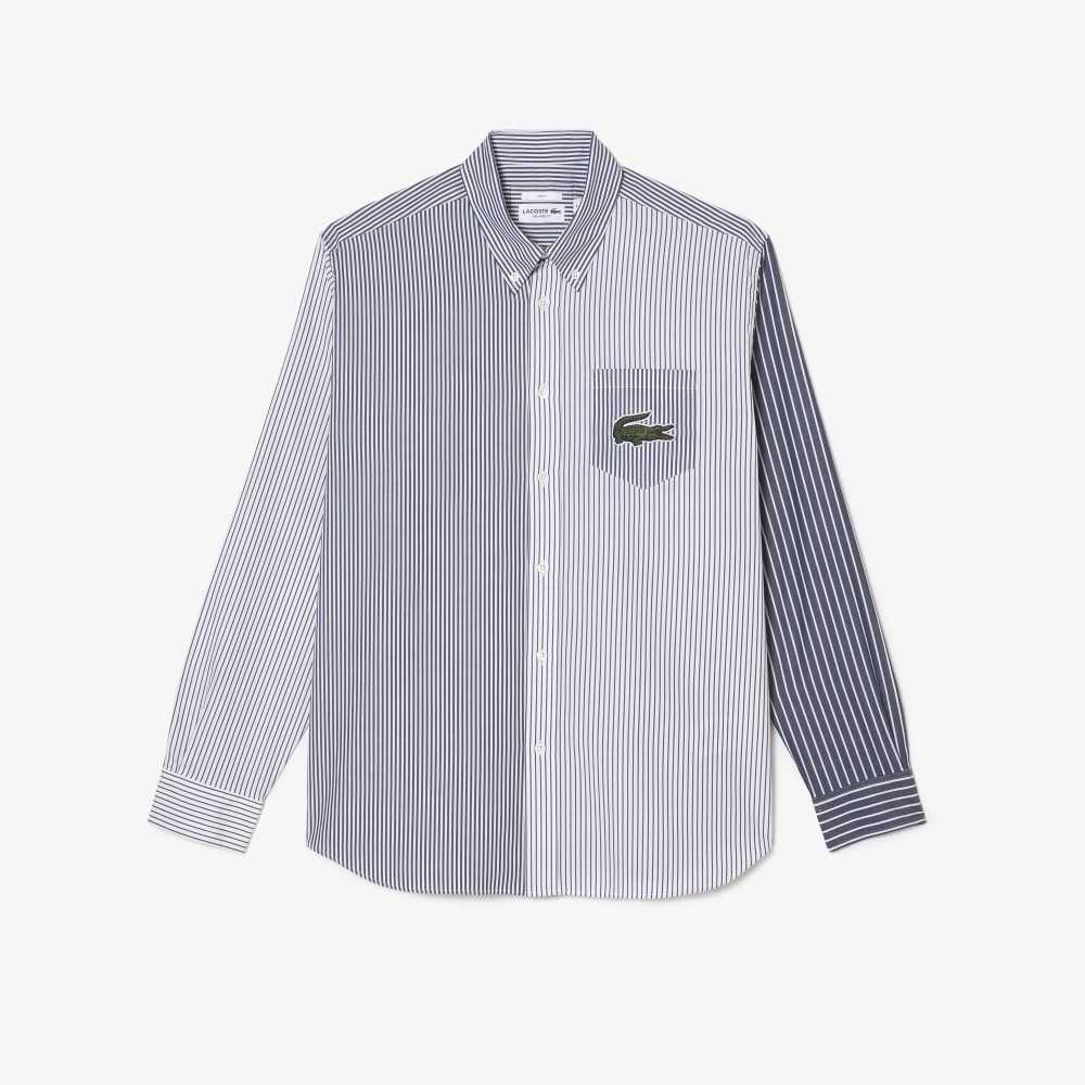 Lacoste Large Crocodile A Rayas Algodon Blancas Azul Marino Azules | 8405-RKGDA