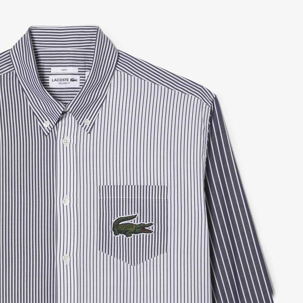 Lacoste Large Crocodile A Rayas Algodon Blancas Azul Marino Azules | 8405-RKGDA