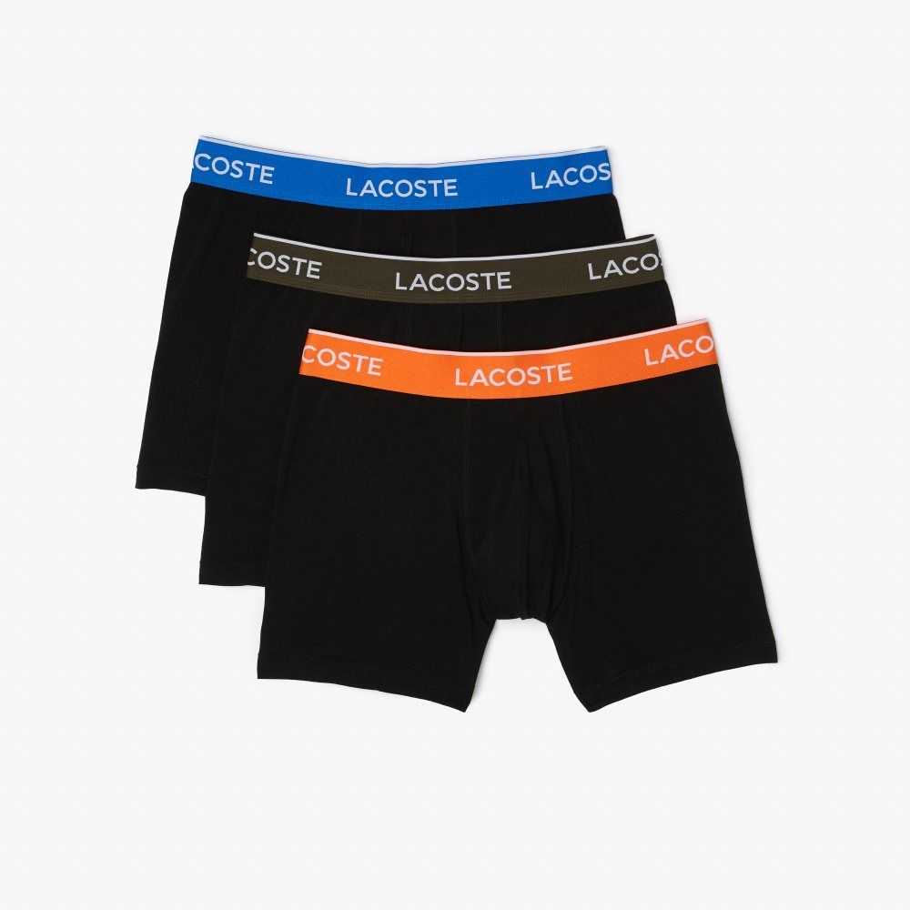 Lacoste Long Algodon Boxer Brief 3-Pack Negras Naranjas Kaki Verde Azules | 9023-EJTMA