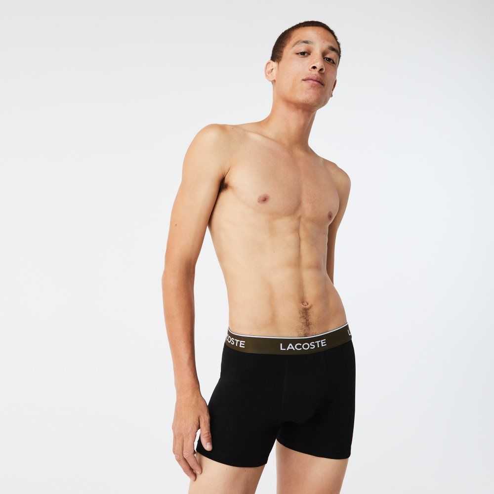 Lacoste Long Algodon Boxer Brief 3-Pack Negras Naranjas Kaki Verde Azules | 9023-EJTMA