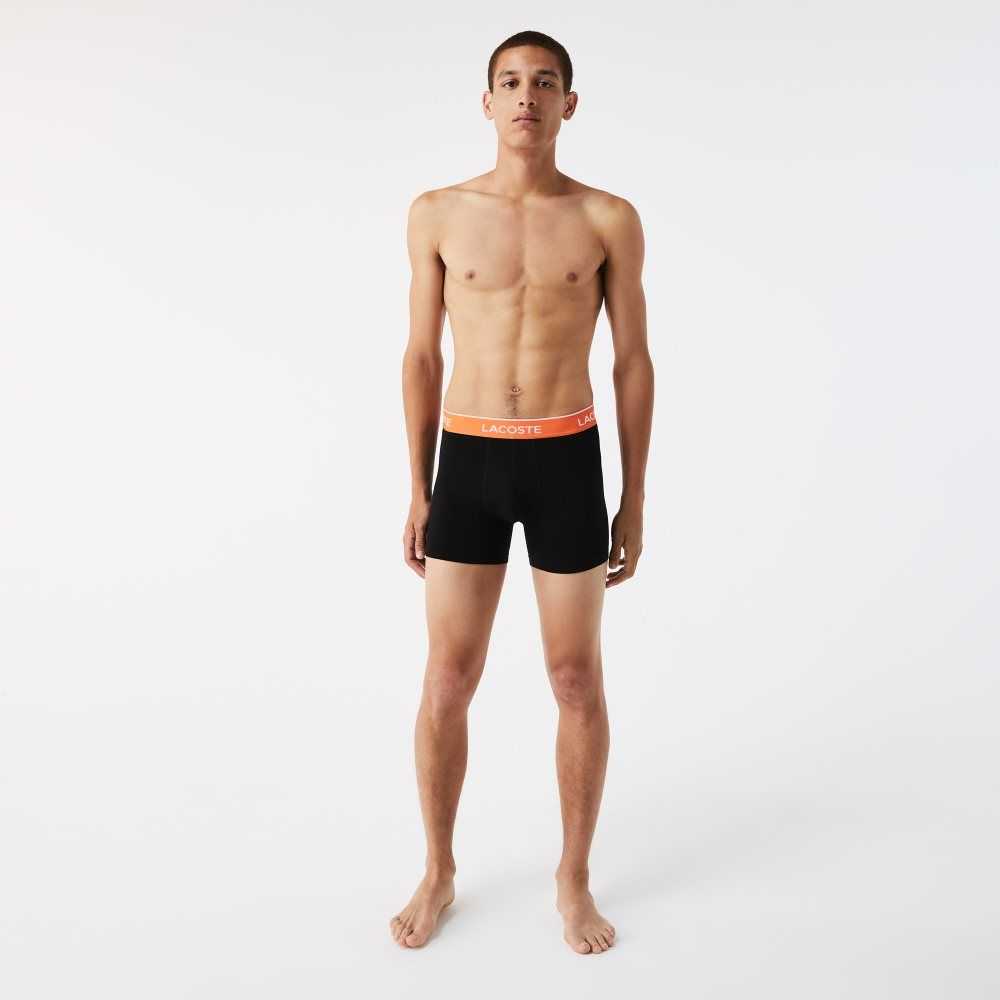 Lacoste Long Algodon Boxer Brief 3-Pack Negras Naranjas Kaki Verde Azules | 9023-EJTMA