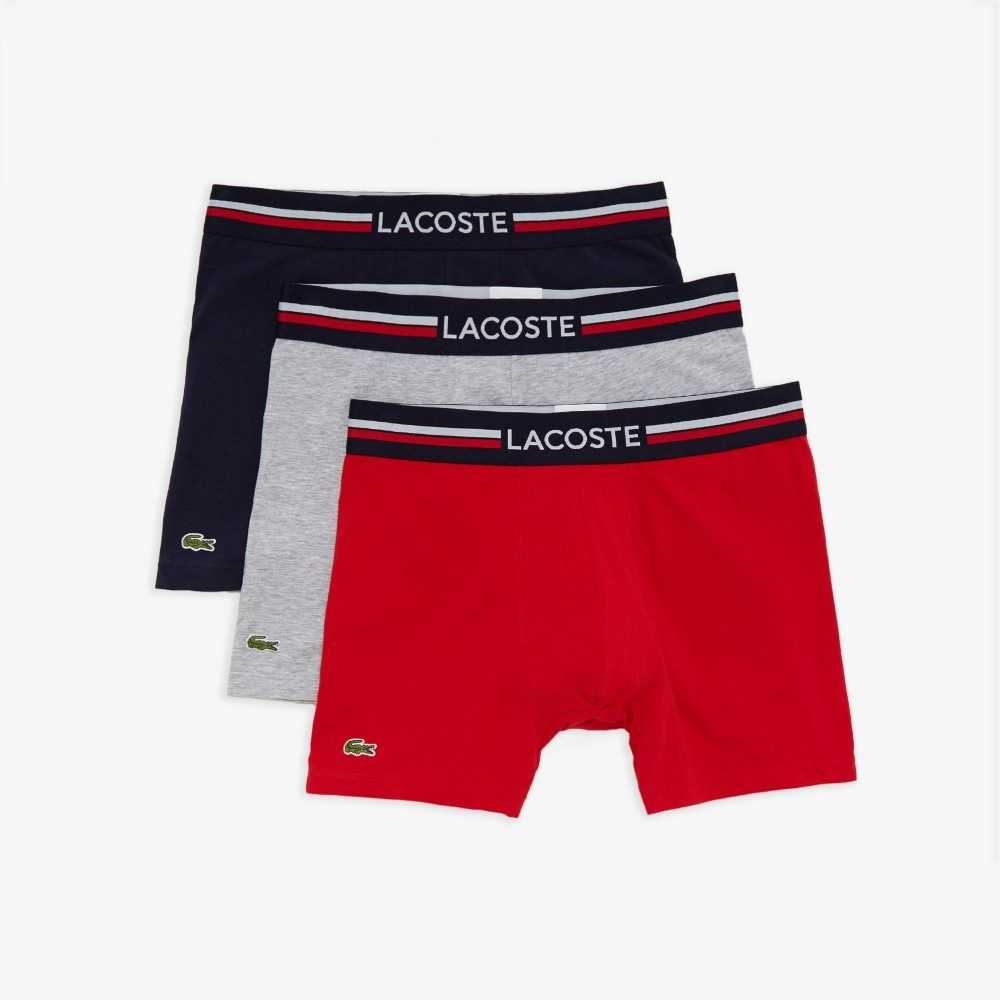 Lacoste Long Algodon Boxer Brief 3-Pack Azul Marino Azules Gris Rojas | 9637-FSBZO