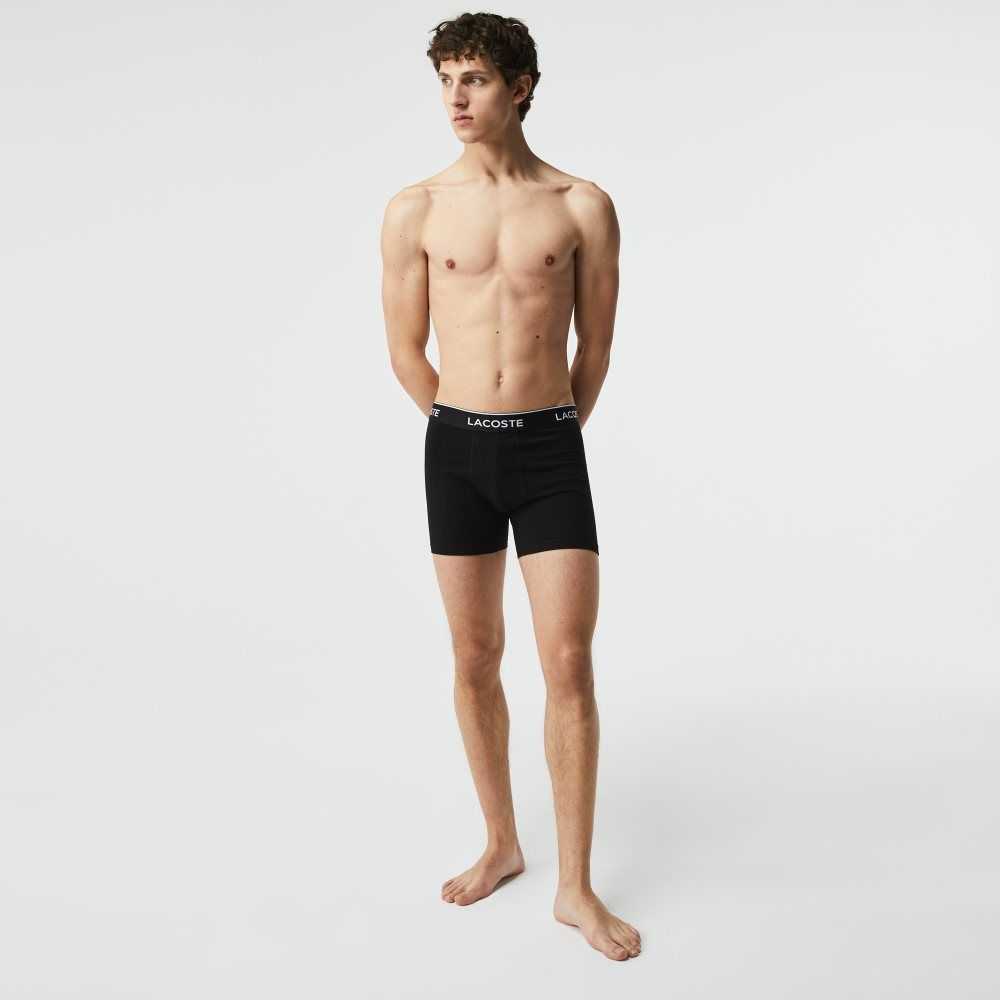 Lacoste Long Stretch Algodon Boxer Brief 3-Pack Negras | 0845-AGVBP