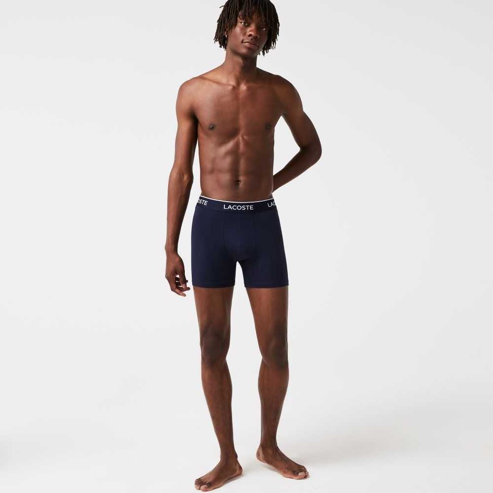 Lacoste Long Stretch Algodon Boxer Brief 3-Pack Azul Marino Azules Rojas Azul Marino Azules | 7490-SUNGD